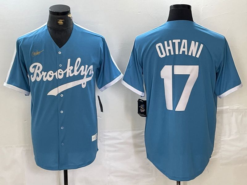 Men Los Angeles Dodgers #17 Ohtani Light blue Throwback 2024 Nike MLB Jersey style 1->->MLB Jersey